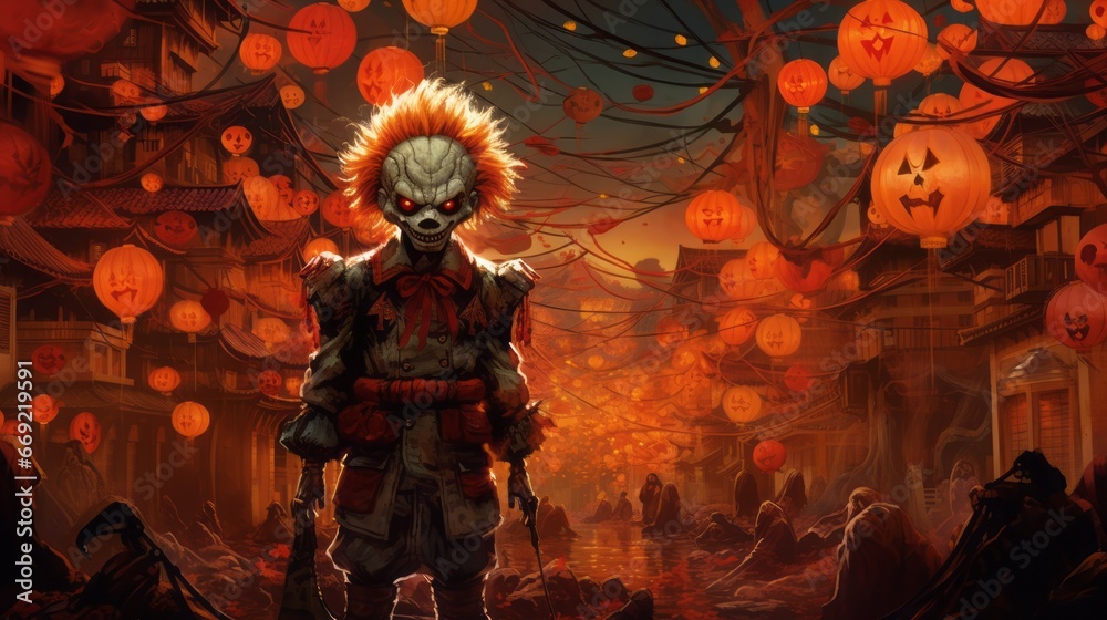 award winning Japanese vintage poster for halloween, detail from the world of final fantasy VII, somewhere hidden in this image is a Clown, neon lights, imagined as a fromsoftware final bo