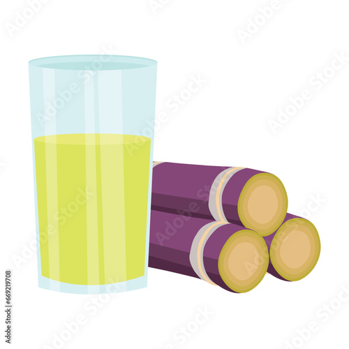 Sets of sugarcane stem and leaves. Green and violet sugar cane plant sliced. Cut saccharum officinarum and sweet juice. Agriculture industry healthy product. Fresh and raw sugarcane icon, logo, vector