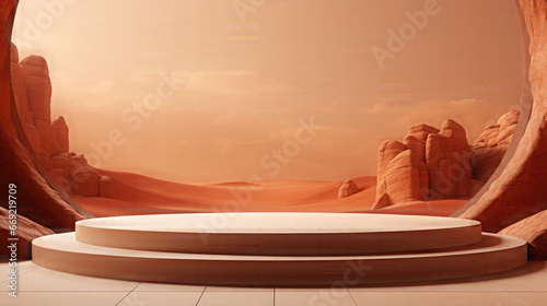 Rough Wooden Podium With Desert Sky Background for product presentation.