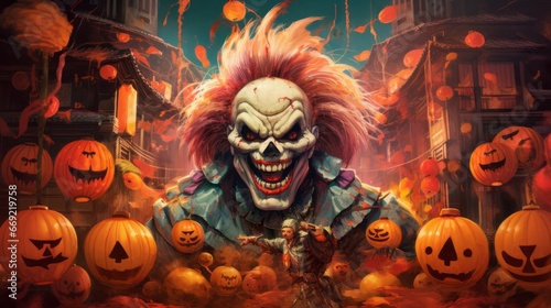 award winning Japanese vintage poster for halloween, detail from the world of final fantasy VII, somewhere hidden in this image is Pennywise the Clown, neon lights, imagined as a fromsoftware final bo