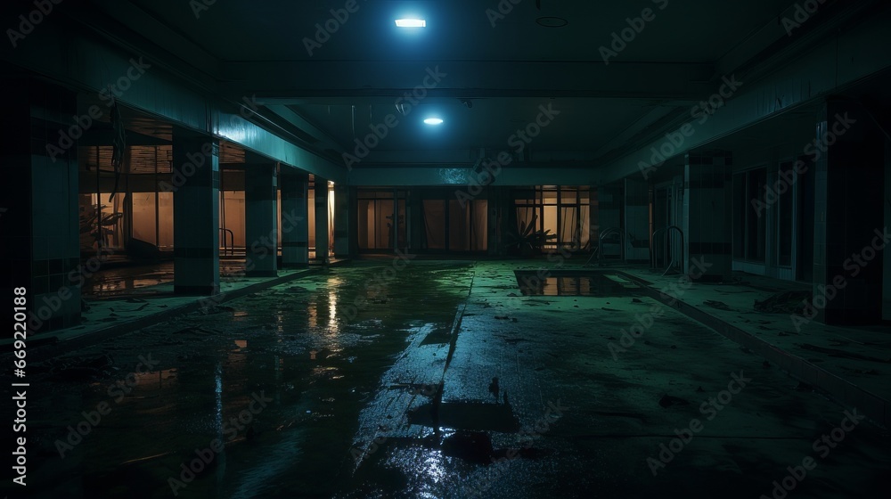 an abandoned outside swimming pool at night
