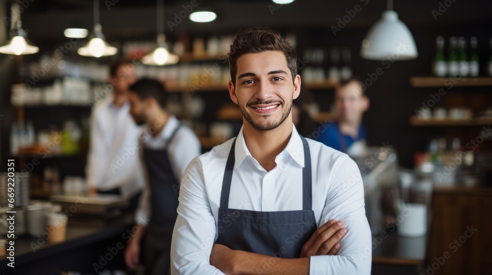 Smiling, young and attractive salesman, cashier serving customers Smiling, young and attractive salesman, cashier serving customers
