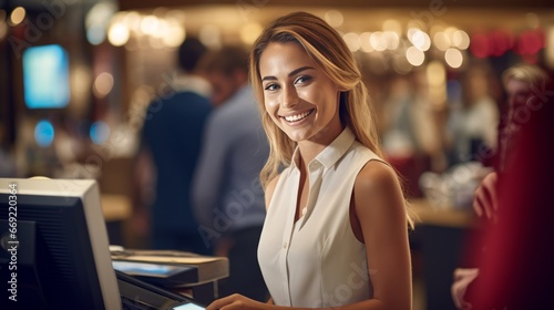 Smiling, young and attractive saleswoman, cashier serving customers