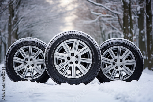 Wheels with winter tires, built to tackle snow and harsh conditions.