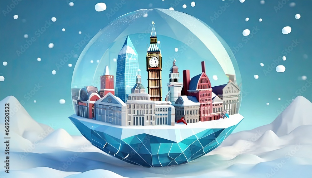 Low poly illustration of London, UK. City is inside a snow ball. White and blue background