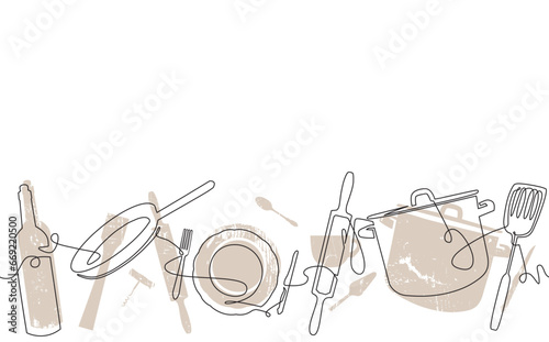 Background with Cooking Process. Continuous line drawing with Utensils. Culinary pattern that repeat horizontally. Vector graphic design.