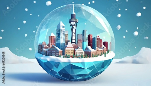 Low poly illustration of Seattle, USA. City is inside a snow ball. White and blue background