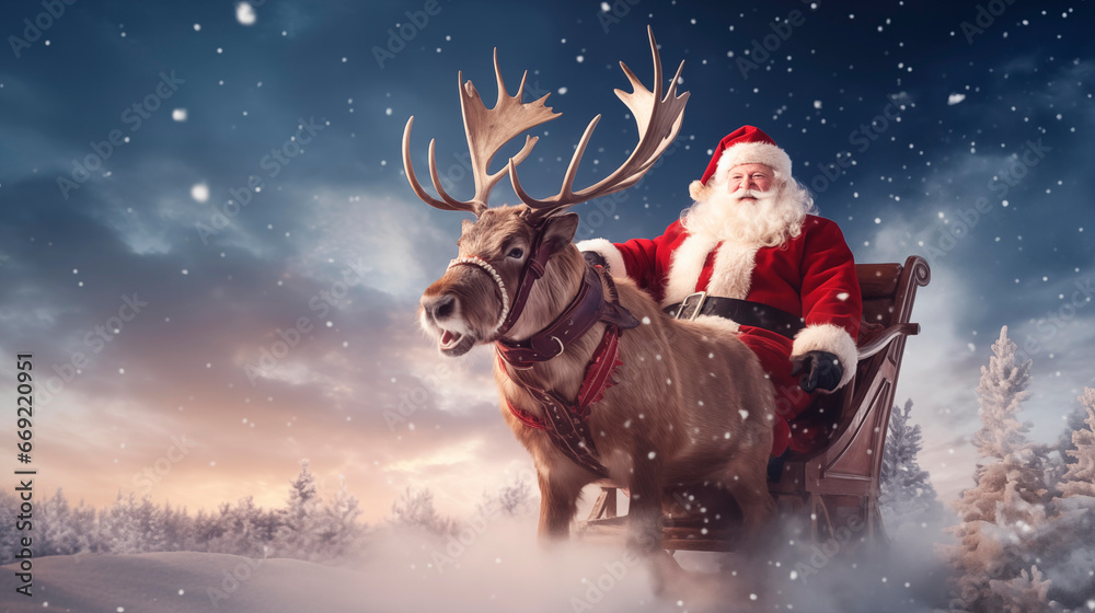 Santa Claus riding a sleigh with reindeer against snowy landscape