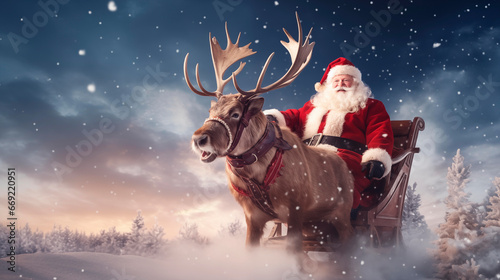 Santa Claus riding a sleigh with reindeer against snowy landscape