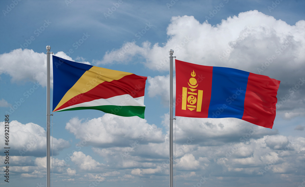 Mongolia and Seychelles flags, country relationship concept