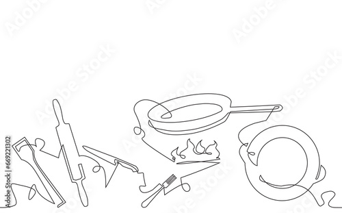 Continuous line drawing with cooking process isolated on white background. Vector graphic design illustration with utensils.