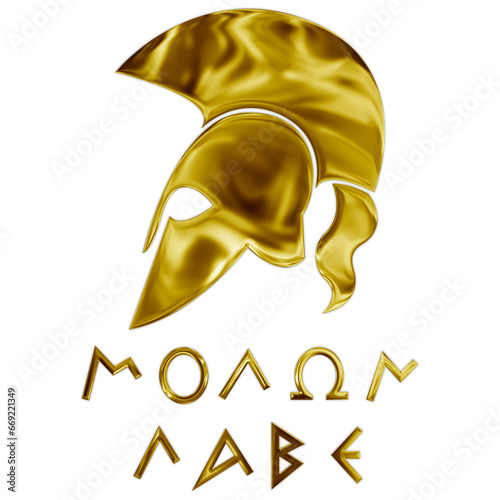 Ancient Greek helmet with the inscription Molon Labe, illustration photo