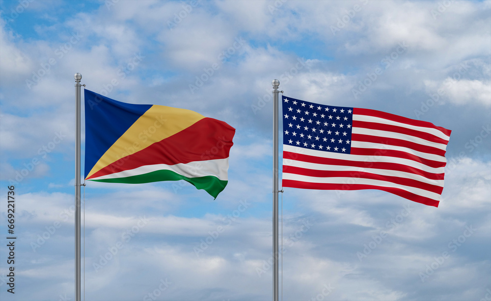USA and Seychelles flags, country relationship concepts
