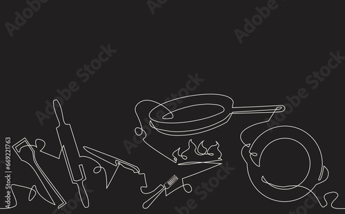 Continuous line drawing with cooking process isolated on black background. Vector graphic design illustration with utensils.