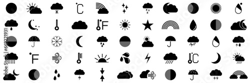 Weather line icons set. Sun, rain, thunder storm, dew, wind, snow cloud, night sky minimal vector illustrations photo