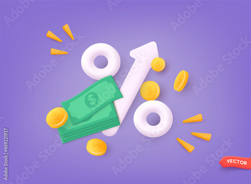 Bank credit concept. Percent, good interest rate, interest-free. Finance management. 3D Web Vector Illustrations.