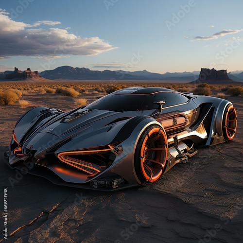 concept model of a red and black futuristic sports car in desert, AI generative