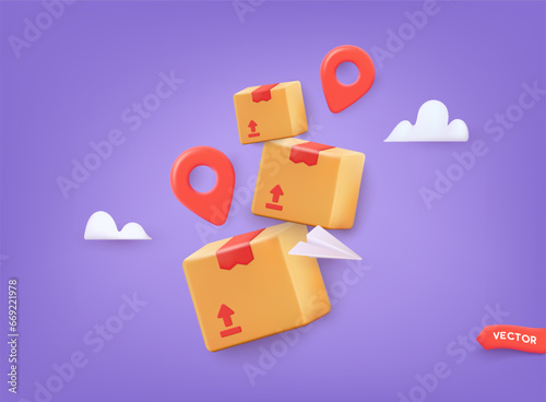 Delivery Box with map pin Vector Illustration. Fast Delivery Concept. 3D Web Vector Illustrations.