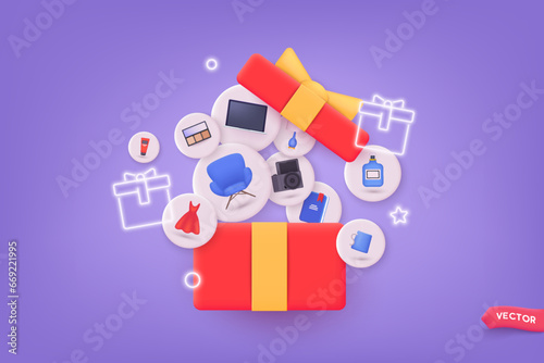 Open gift box with different items. Online shopping concept. sale promotion banner. 3d vector illustration