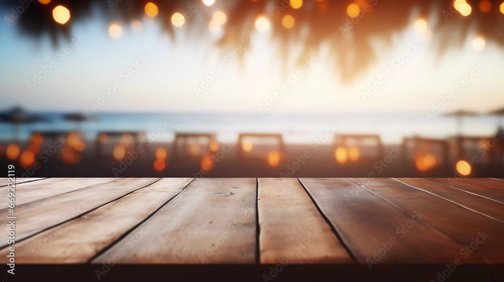 empty wooden table with blurry beach bar background