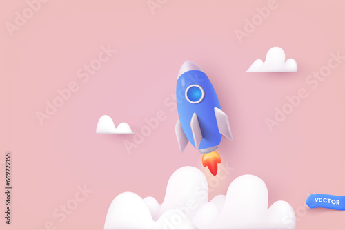 Rocket and copy space for start up. Successful startup business concept. 3D Vector Illustrations.