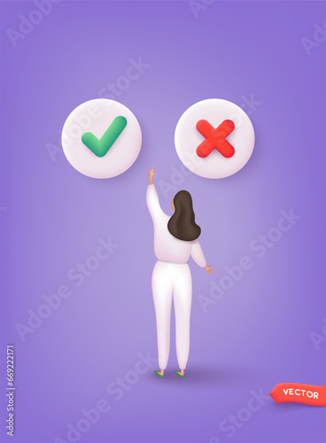 Woman choose YES or NO. Concept of choice, selection, answer, reply, accept of refuse. 3D Web Vector Illustrations.