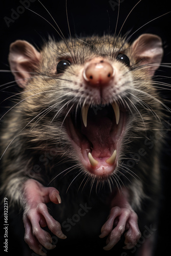 Aggressive rat on dark background. Rodents are carriers of diseases. Dangerous mouse with snarling mouth