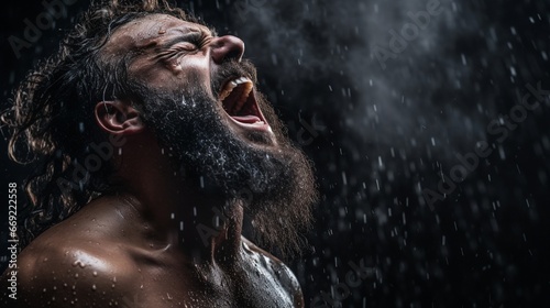bearded man angrily screams into a spray of water against a black background with copy space. Emotional portrait of a man like a barbarian. Toned image. side view close up view photo