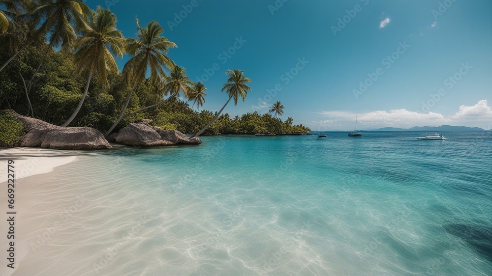 beach with palm trees _A seascape with blue water and waves. The water is clear and sparkling 