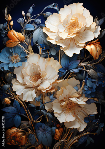 Elegance in Bloom  Golden Florals against a Navy Blue Canvas background with flowers flowers on a blue background