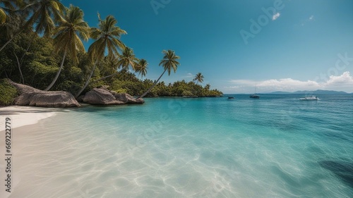 beach with palm trees _A seascape with blue water and waves. The water is clear and sparkling 