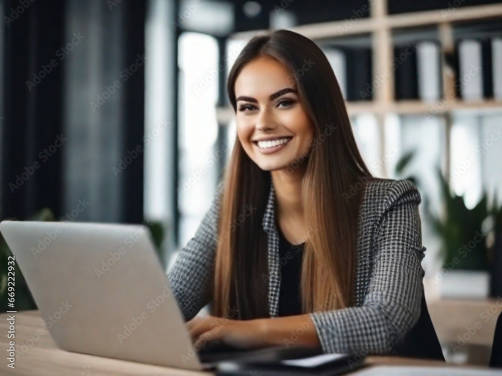 a young smiling beautiful woman is working at a laptop in the office a young smiling beautiful woman is working at a laptop in the office