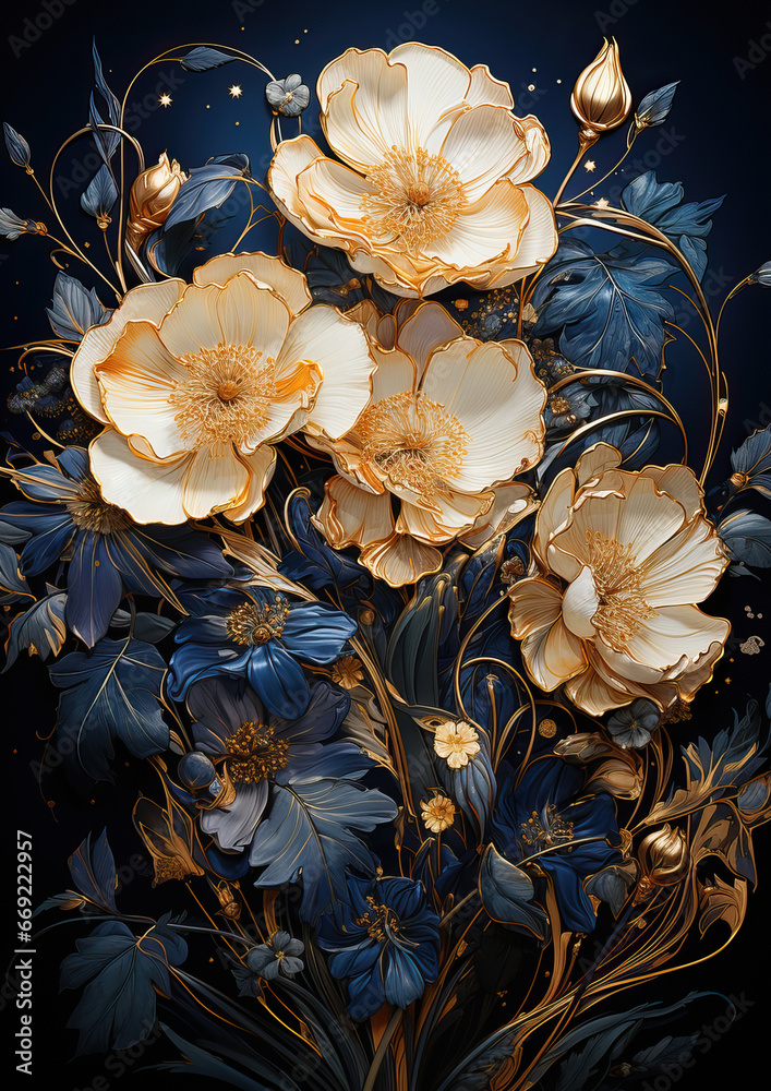Elegance in Bloom: Golden Florals against a Navy Blue Canvas,background with flowers,flowers on a blue background Elegance in Bloom: Golden Florals against a Navy Blue Canvas,background with flowers,flowers on a blue background