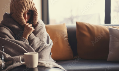 Winter fuel and energy costs. People wearing blankets and hats indoors to keep warm photo