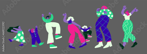 Vector illustration with dancing people on grey background. Dancing people doodles. Happy family, party people in neon colors. Vector illustration