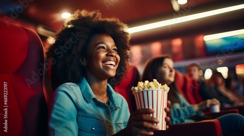young small dark-skinned girl sitting in cinema hall holding bucket of popcorn smiling and looking cheerfully into the camera, eyes and mouth wide open, enjoying and having fun at the movie theater photo
