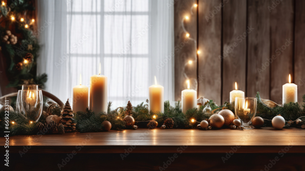 Christmas tablescapes in dining room with candles and evergreen branches and gold decorations. Happy Xmas holiday. Cozy interior. Copy space.