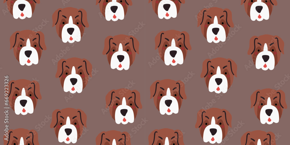 Vector seamless pattern with cute bulldog dog faces. Dog pattern on brown background. Vector illustration