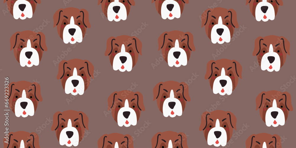 Obraz premium Vector seamless pattern with cute bulldog dog faces. Dog pattern on brown background. Vector illustration