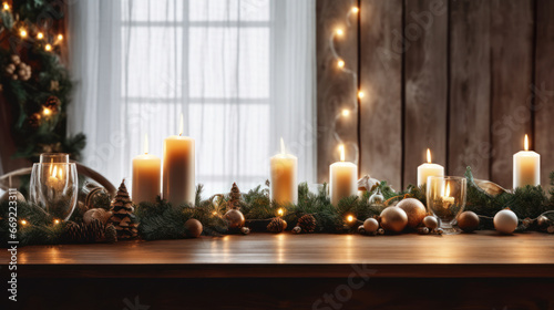 Christmas tablescapes in dining room with candles and evergreen branches and gold decorations. Happy Xmas holiday. Cozy interior. Copy space.