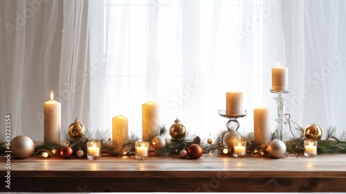 Christmas tablescapes in dining room with candles and evergreen branches and gold decorations. Happy Xmas holiday. Cozy interior. Copy space.