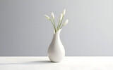 White flowers in vase. A vase filled with flowers shaped like a Klein bottle sits on the white desk.