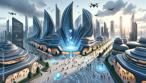 A 5D technology-enhanced city in the distant future. The architecture is sleek