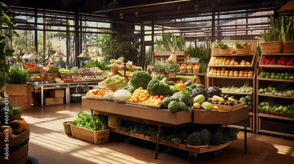 The interior of a vegetable store, a grocery store with fresh vegetables, organic products