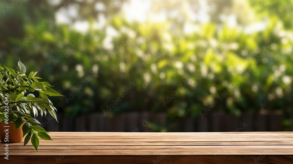 Empty wooden table with space for product, green plants, leaves and bushes in the background Empty wooden table with space for product, green plants, leaves and bushes in the background