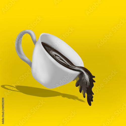 A cup of coffee spilled with a yellow background