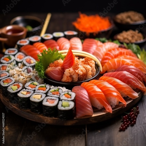 Beautiful photo plate of sushi with various types rolls Ai generated art