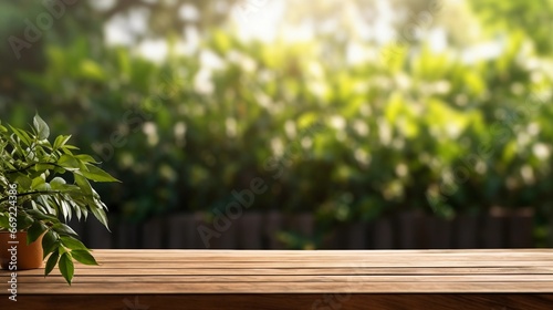 Empty wooden table with space for product, green plants, leaves and bushes in the background
