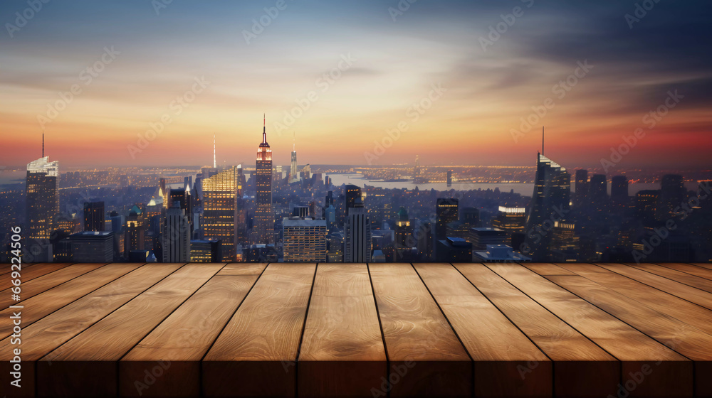 empty wooden table with blurry city background