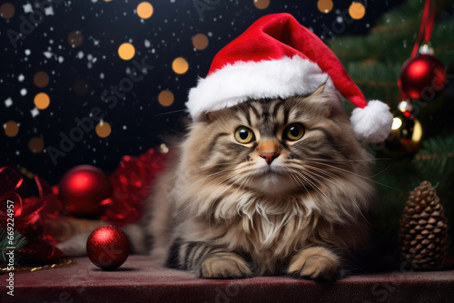 Funny cat on a Christmas background